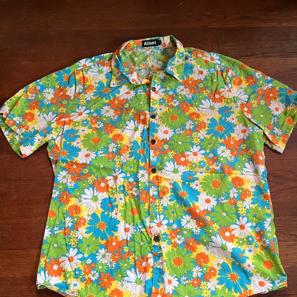 Men's Floral Button-Down Shirt - Green, Orange, Blue